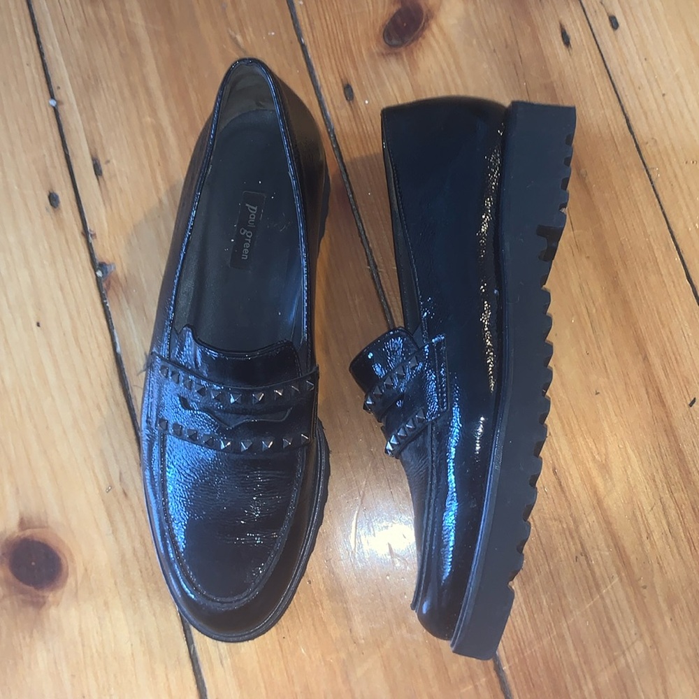 Paul Green Sofia Loafer Crinkle Black Patent Leater Studded Platform
